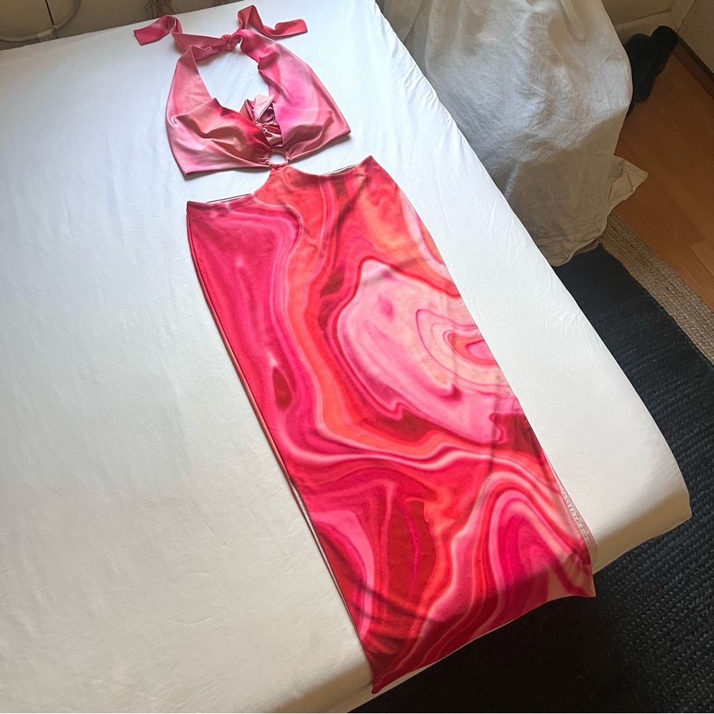 FARAI LONDON pink swirl print halter neck cutout sleeveless bodycon midi dress